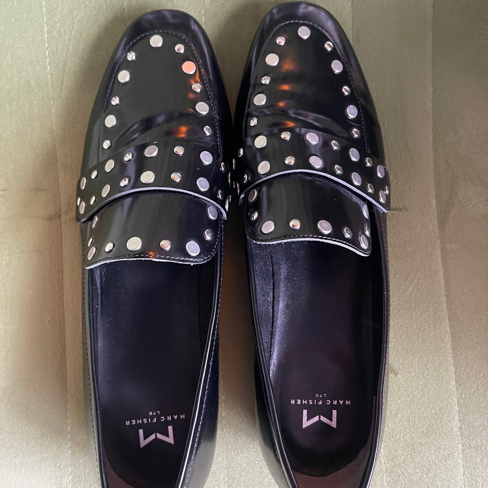Marc Fisher Black Loafers with Silver Accents. Like New